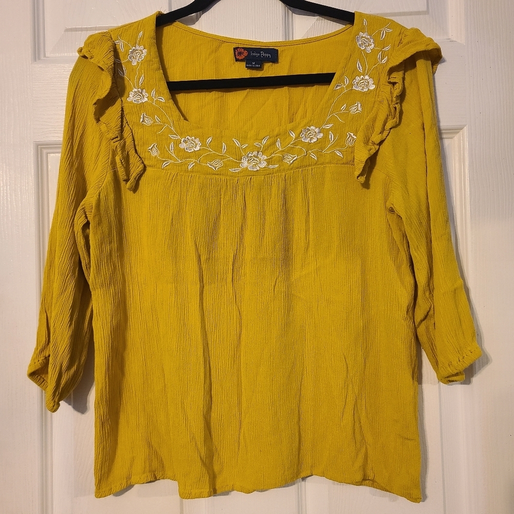 Anthropologie INDIGO POPPY Embroidered Boho Peasant Top Blouse Yellow Sz M